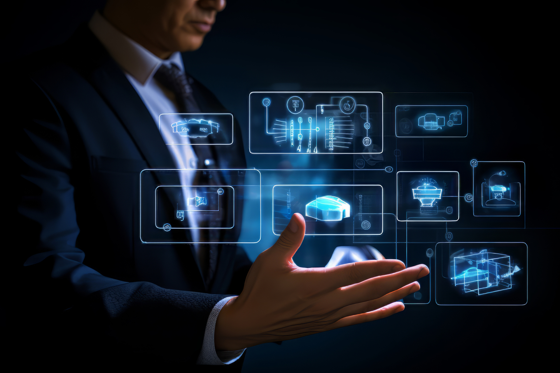 Hombre en traje con gráficos digitales futuristas en su mano